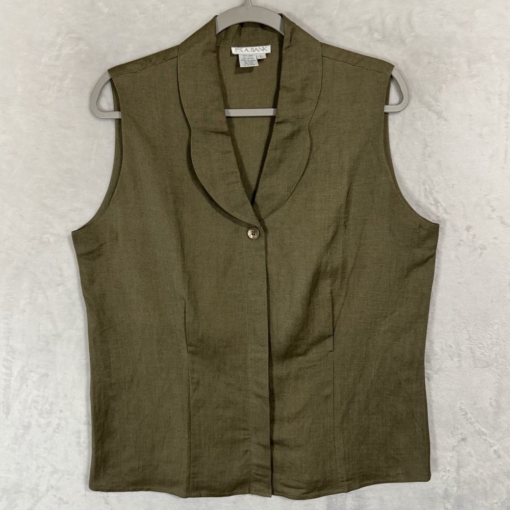 Linen Blend Button Down Sleeveless Olive Shirt - Picture 10 of 10